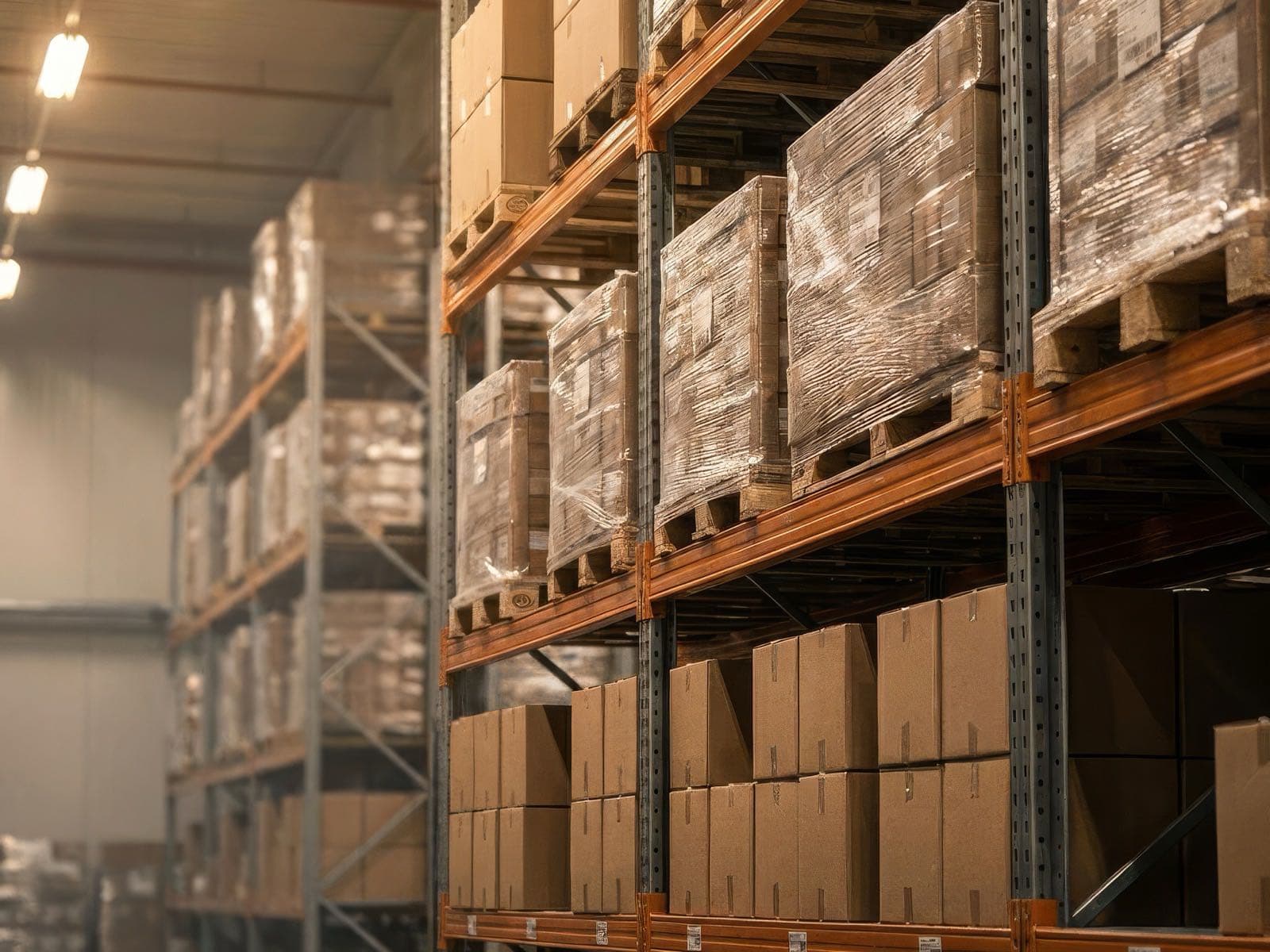 Warehouse pallet racks in an organized logistics facility